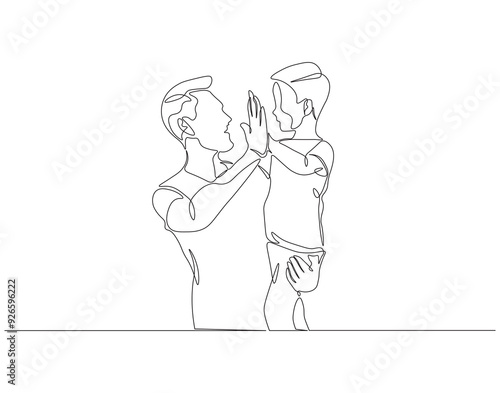 Continuous one line drawing of father and son together. Single line drawing illustration of dad and kid. Father day, Family parenting concept line art. Editable outline