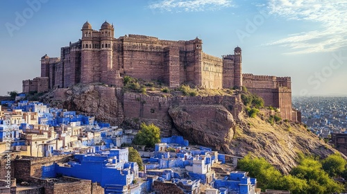 The imposing Mehrangarh Fort in Jodhpur, standing tall above the blue-painted houses of the city. photo