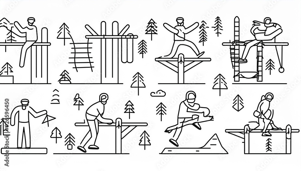 Treetop obstacle course icons. Simple line drawings. Suitable for adults. Outdoor activity in the forest. Treetop obstacle course icons. Simple line drawings. Suitable for adults. Outdoor activity in the forest.