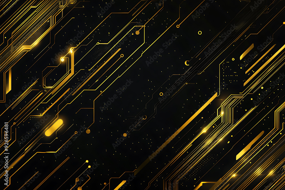 A modern abstract design featuring gold lines and dots representing network science and technology on a high-tech dark background. Ideal for templates, web design, and presentations A modern abstract design featuring gold lines and dots representing network science and technology on a high-tech dark background. Ideal for templates, web design, and presentations