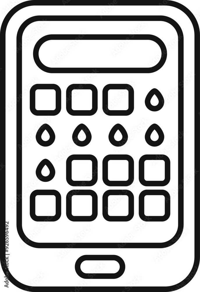 Simple, bold, black and white icon of a smartphone with a calculator app open, buttons for numbers and water drops suggesting water consumption tracking Simple, bold, black and white icon of a smartphone with a calculator app open, buttons for numbers and water drops suggesting water consumption tracking