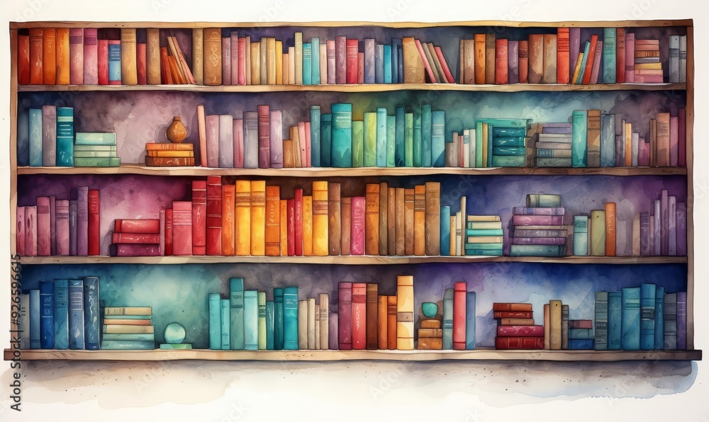 Orderly bookshelf flat design front view neatly arranged books watercolor Complementary Color Scheme Orderly bookshelf flat design front view neatly arranged books watercolor Complementary Color Scheme
