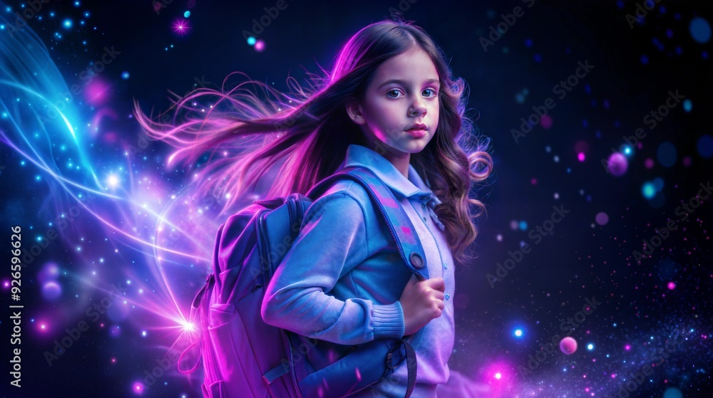 Student poised for academic adventure, surrounded by swirling galactic lights and energy Student poised for academic adventure, surrounded by swirling galactic lights and energy