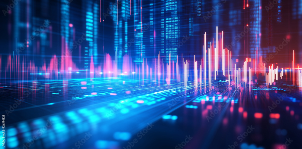 Abstract digital landscape with blue and red data visualization. Futuristic technology and information analysis concept for design. Abstract digital landscape with blue and red data visualization. Futuristic technology and information analysis concept for design.