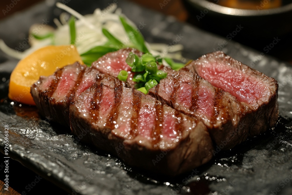 A close-up of a beautifully grilled steak, sliced and served on a black plate with a garnish of fresh vegetables, showcasing the texture, flavor, and quality of the meat. A close-up of a beautifully grilled steak, sliced and served on a black plate with a garnish of fresh vegetables, showcasing the texture, flavor, and quality of the meat.