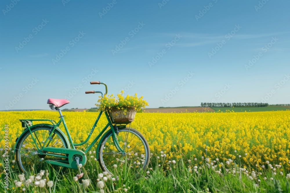 Naklejka premium Vintage bicycle with flowers in the basket. A sunny day in the countryside. Perfect for spring and nature themes. Ideal for backgrounds and banners. Generative AI