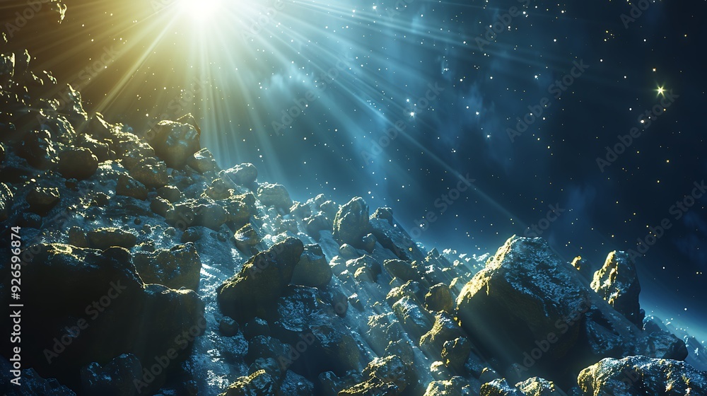 A stunning view of an asteroid field, with rocks of various sizes illuminated by distant starlight, viewed from an orbiting probe, vibrant and detailed, A stunning view of an asteroid field, with rocks of various sizes illuminated by distant starlight, viewed from an orbiting probe, vibrant and detailed,