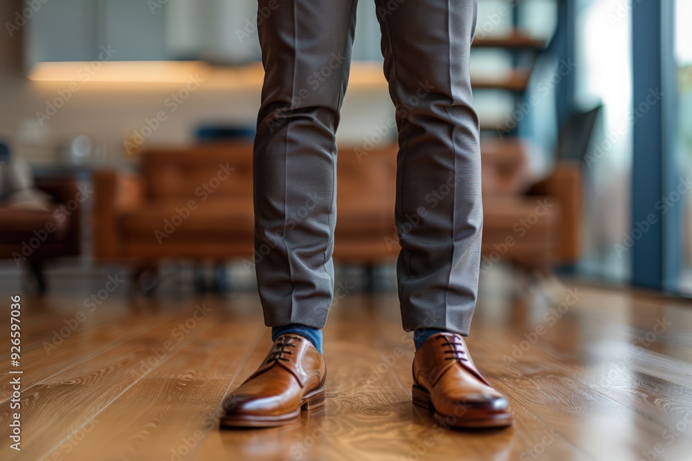 Businessman's Legs in Stylish Brown Shoes and Gray Pants Standing on Wooden Floor in Modern Office Businessman's Legs in Stylish Brown Shoes and Gray Pants Standing on Wooden Floor in Modern Office