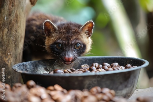 A close-up of a civet cat looking directly at the camera,  its nose is pointed towards a bowl of coffee beans. It is an image of the exotic animal in its natural habitat, with a bowl of coffee beans,  photo