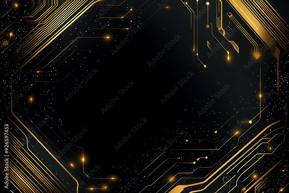A modern abstract design featuring gold lines and dots representing network science and technology on a high-tech dark background. Ideal for templates, web design, and presentations A modern abstract design featuring gold lines and dots representing network science and technology on a high-tech dark background. Ideal for templates, web design, and presentations