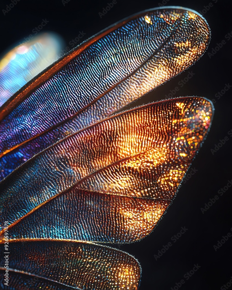 A close-up view of beautiful, iridescent insect wings showcasing vibrant colors and intricate textures against a dark background. A close-up view of beautiful, iridescent insect wings showcasing vibrant colors and intricate textures against a dark background.