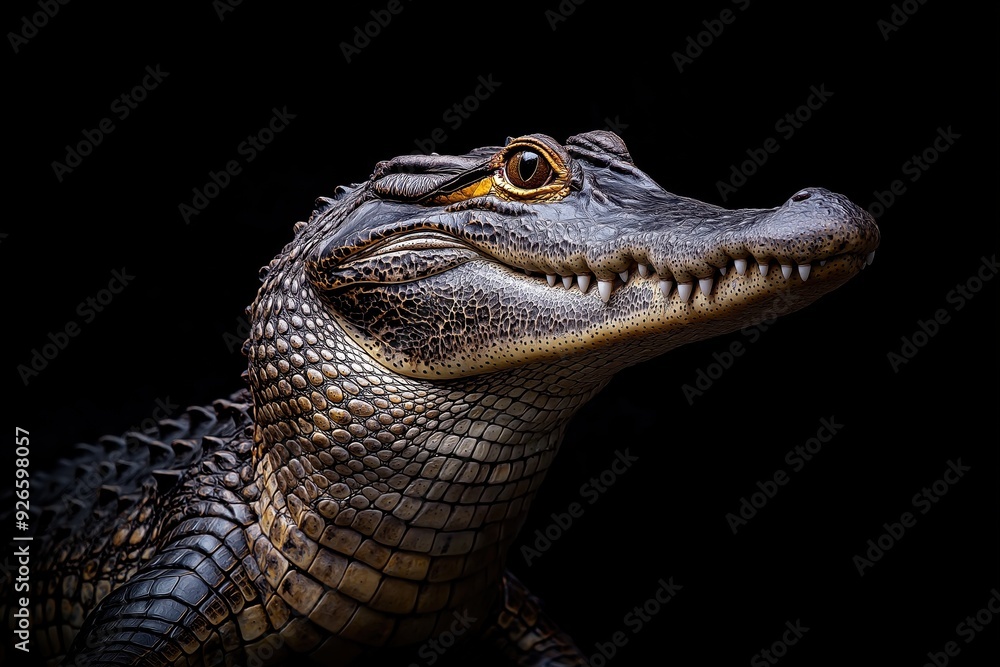 Obraz premium Photo of a crocodile isolated against a black background, emphasising the crocodile's majestic features. Wildlife and conservation concept, space for copy.