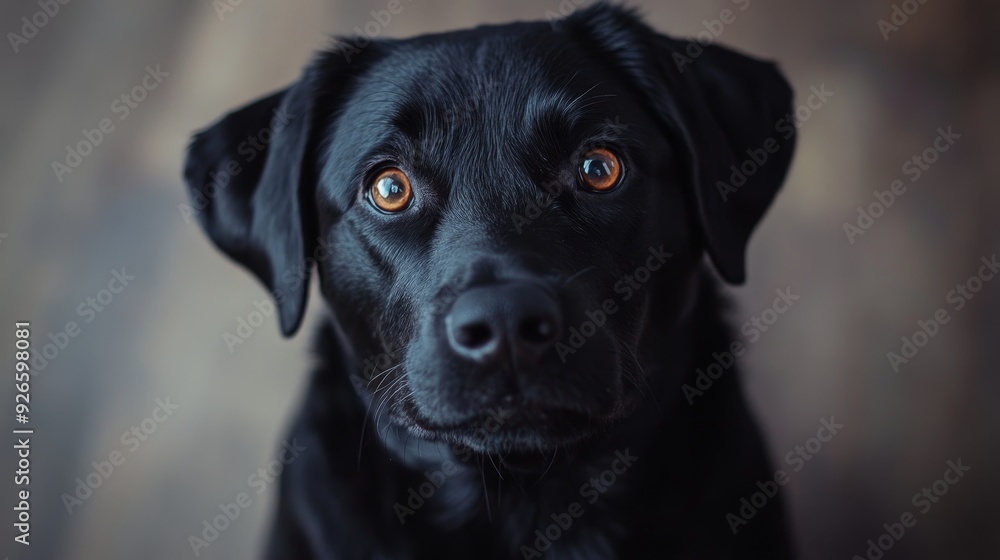 A close-up portrait of a black Labrador Retriever with warm, expressive eyes. The dog's fur is shiny and black, and its nose is wet and pink. The dog's expression is curious and attentive. A close-up portrait of a black Labrador Retriever with warm, expressive eyes. The dog's fur is shiny and black, and its nose is wet and pink. The dog's expression is curious and attentive.