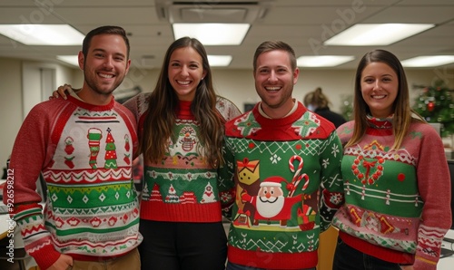 Office staff are having fun at a party in ugly Christmas sweaters. Young office staff of different nationalities  in ugly  sweaters smile and look at the camera. photo