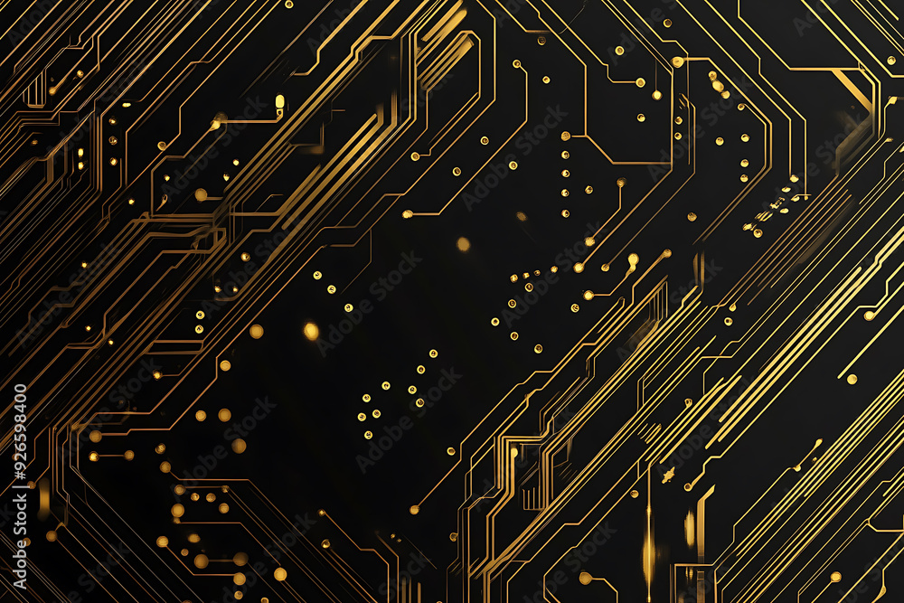 A modern abstract design featuring gold lines and dots representing network science and technology on a high-tech dark background. Ideal for templates, web design, and presentations A modern abstract design featuring gold lines and dots representing network science and technology on a high-tech dark background. Ideal for templates, web design, and presentations