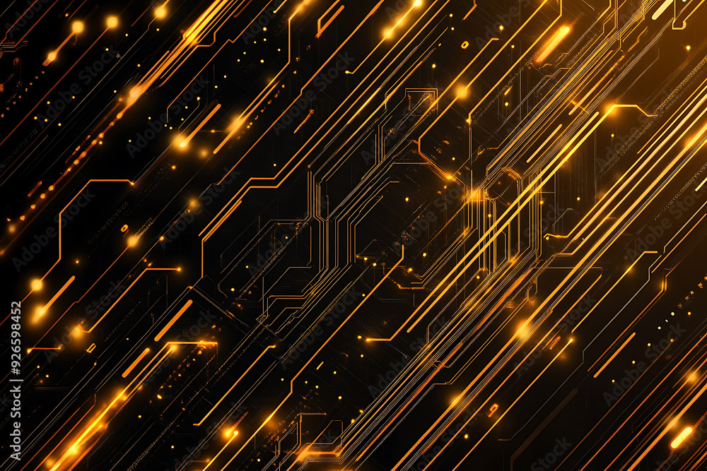 A modern abstract design featuring gold lines and dots representing network science and technology on a high-tech dark background. Ideal for templates, web design, and presentations A modern abstract design featuring gold lines and dots representing network science and technology on a high-tech dark background. Ideal for templates, web design, and presentations