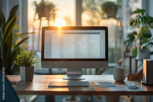 Modern Home Office with Desktop Computer and Sunlight Streaming Through Large Windows