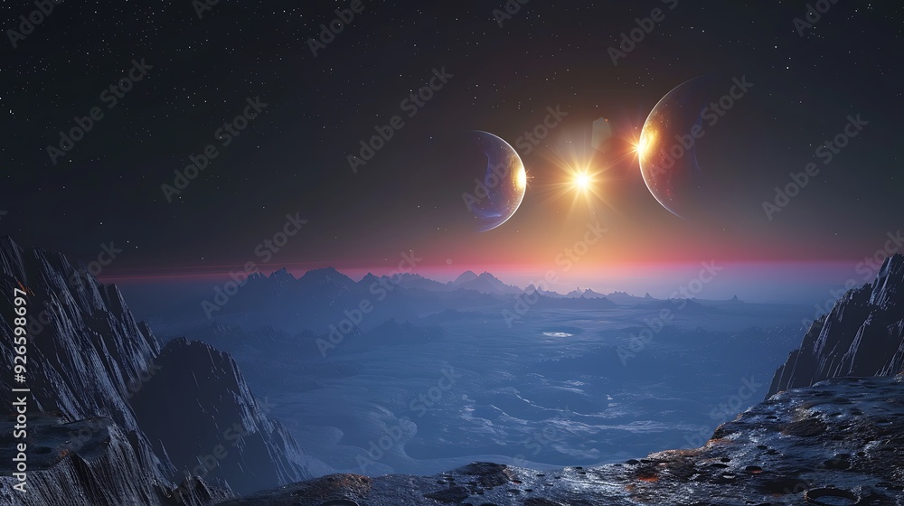 Two stars in a binary system orbiting each other, casting dual shadows on a rocky planet, vibrant colors and dynamic light effects, viewed from a distant moon, Two stars in a binary system orbiting each other, casting dual shadows on a rocky planet, vibrant colors and dynamic light effects, viewed from a distant moon,