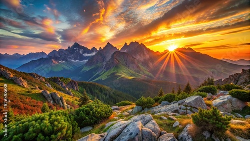 Fototapeta Naklejka Na Ścianę i Meble -  Vibrant summer sunsets and sunrises in the high Tatras mountains , High Tatras, Poland, Slovakia, mountains, sunset, sunrise