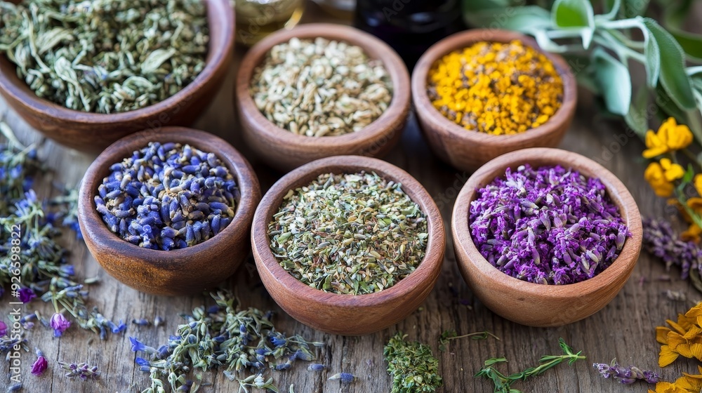 A collection of dried herbs and flowers in wooden bowls arranged on a rustic wooden table, representing natural beauty, herbal remedies, and aromatherapy. A collection of dried herbs and flowers in wooden bowls arranged on a rustic wooden table, representing natural beauty, herbal remedies, and aromatherapy.