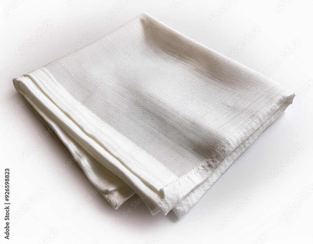 White napkin with creases isolated on a white background. Folded textile towel napkin for the restaurant table. Kitchen cloth towel for branding or logo design. White napkin with creases isolated on a white background. Folded textile towel napkin for the restaurant table. Kitchen cloth towel for branding or logo design.