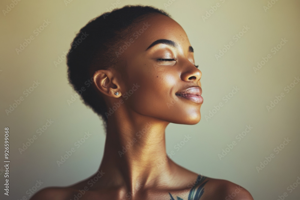 A close up of a tattooed black woman's face with her eyes closed A close up of a tattooed black woman's face with her eyes closed
