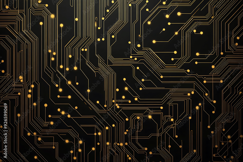 A modern abstract design featuring gold lines and dots representing network science and technology on a high-tech dark background. Ideal for templates, web design, and presentations A modern abstract design featuring gold lines and dots representing network science and technology on a high-tech dark background. Ideal for templates, web design, and presentations