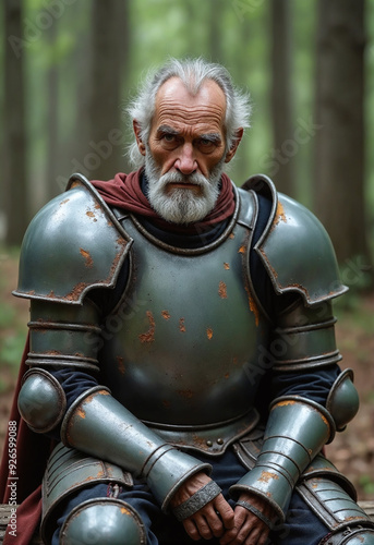 Old man in heavy old metal armor, wear, rust, scratches, stains, dirt. Old man is tired and sad. Closeup sitting on a log in a forest photo