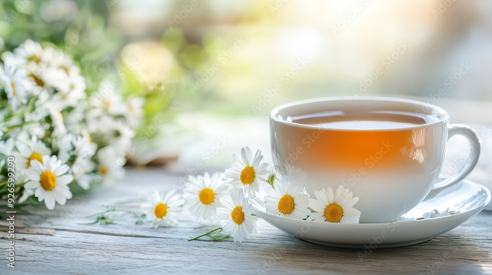 A cup of chamomile tea sits on a wooden table with a bouquet of daisies, symbolizing tranquility, natural remedies, herbal infusions, healthy habits, and a peaceful moment. A cup of chamomile tea sits on a wooden table with a bouquet of daisies, symbolizing tranquility, natural remedies, herbal infusions, healthy habits, and a peaceful moment.