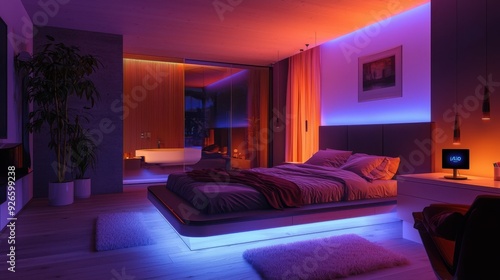 A smart home bedroom with AI-driven automation systems controlling lighting, temperature, and security features, and a voice-activated assistant providing information and entertainment in a sleek,