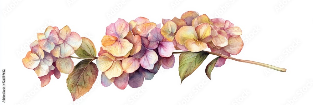 Obraz premium A delicate watercolor painting of a hydrangea branch with soft pink, yellow, and white flowers. The image symbolizes beauty, nature, spring, growth, and renewal.