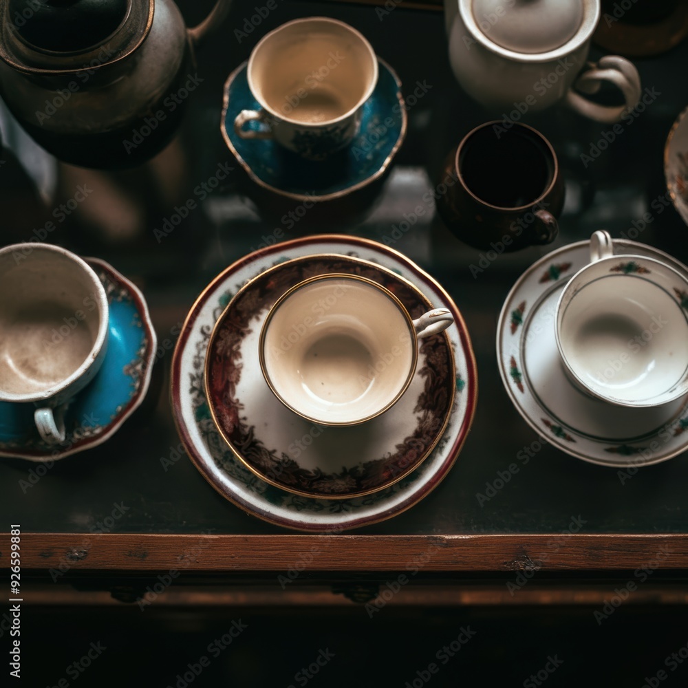High-angle view of a collection of antique , porcelain teacups and saucers in a dusty antique shop , fujifilm x100f, f8, 1125s , iso 200 High-angle view of a collection of antique , porcelain teacups and saucers in a dusty antique shop , fujifilm x100f, f8, 1125s , iso 200
