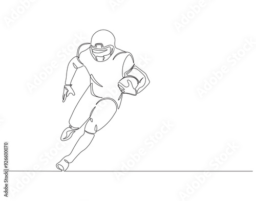 Continuous one line drawing of rugby player holding ball. One line drawing illustration of rugby player with ball. American football, sport, soccer ball, running concept line art. Editable outline