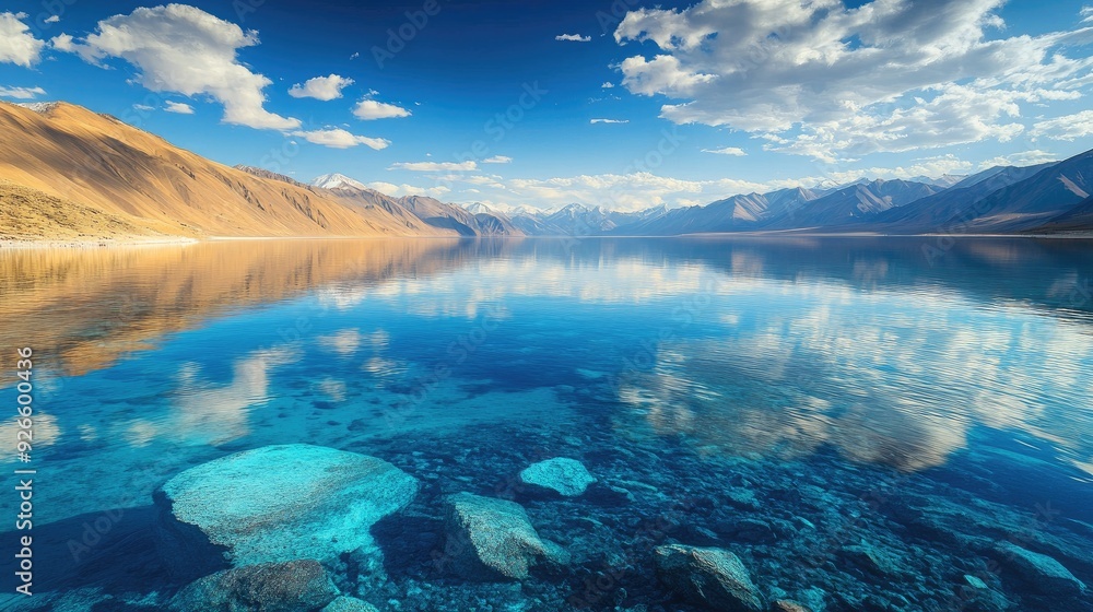Naklejka premium The mystical landscape of Ladakh, featuring the Pangong Lake with its crystal-clear blue waters and surrounding mountains.