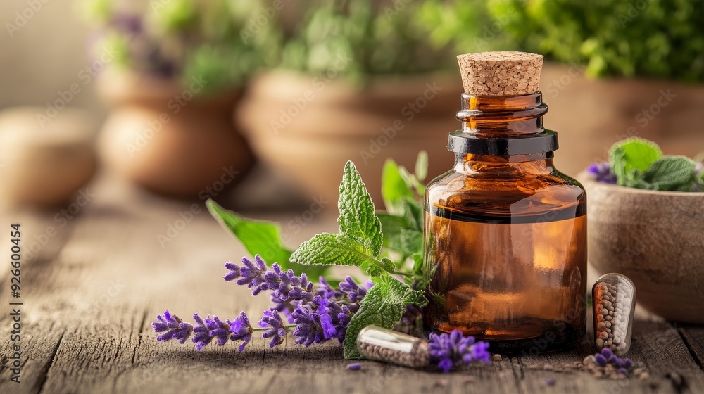A glass bottle of essential oil sits on a rustic wooden table, surrounded by lavender and mint leaves, symbolizing natural remedies, aromatherapy, relaxation, wellness, and herbal medicine. A glass bottle of essential oil sits on a rustic wooden table, surrounded by lavender and mint leaves, symbolizing natural remedies, aromatherapy, relaxation, wellness, and herbal medicine.