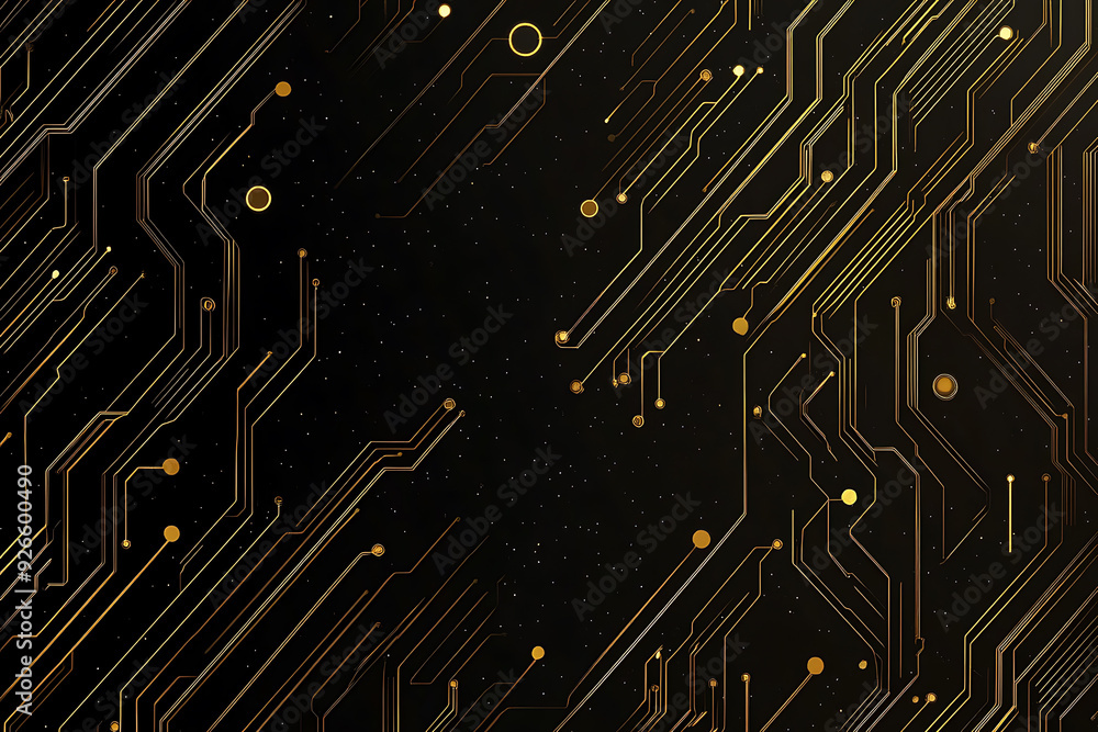 A modern abstract design featuring gold lines and dots representing network science and technology on a high-tech dark background. Ideal for templates, web design, and presentations A modern abstract design featuring gold lines and dots representing network science and technology on a high-tech dark background. Ideal for templates, web design, and presentations