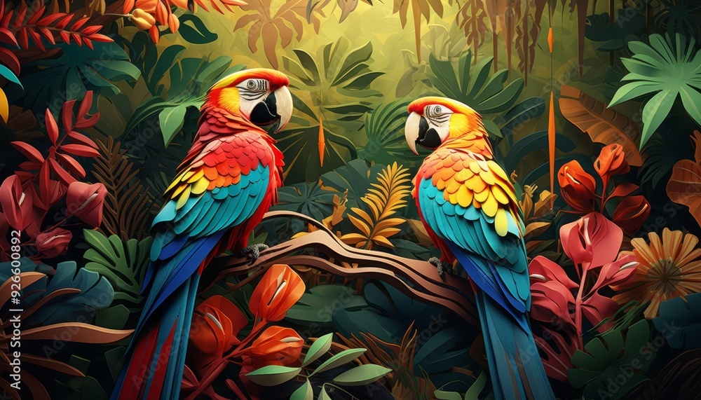 Obraz premium Rainforest scene with parrots, flat design, side view, jungle theme, 3D render, Triadic Color Scheme