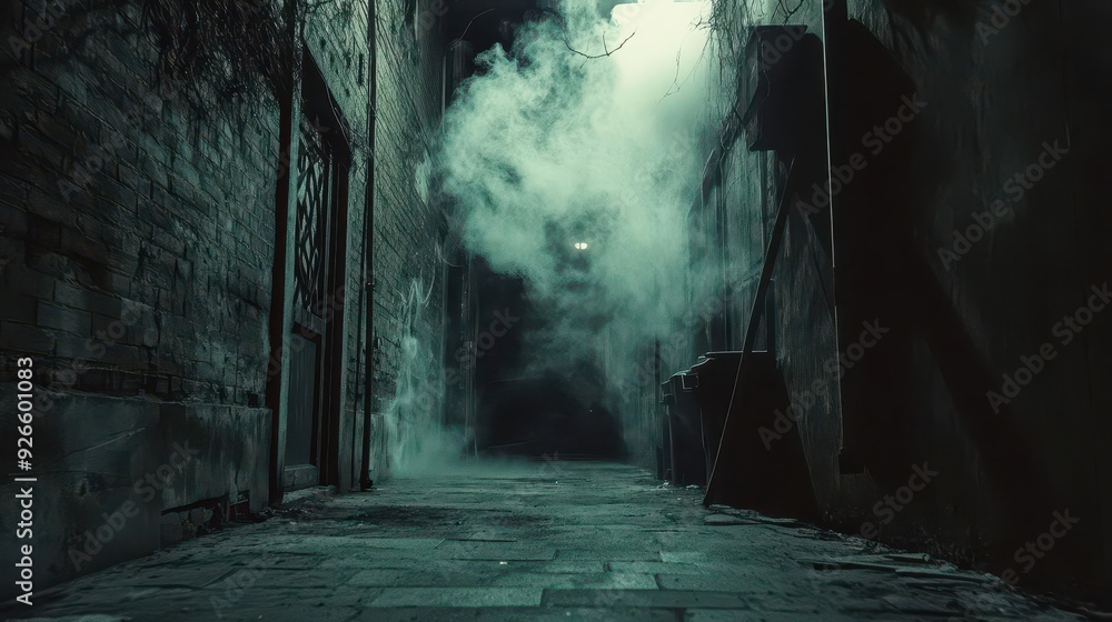Dark, empty concrete alley, smoke rising, cobwebs in the corners, eerie Halloween ambiance, lowangle perspective Dark, empty concrete alley, smoke rising, cobwebs in the corners, eerie Halloween ambiance, lowangle perspective