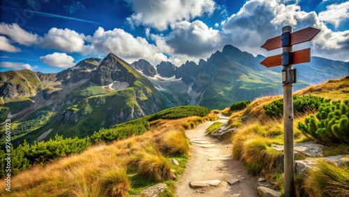 Trekking paths plates in the scenic Polish Tatra mountains, hiking, trails, signs, mountains, Poland, outdoor