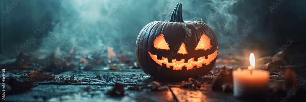 Fototapeta premium A jack-o-lantern with a menacing grin sits on a wooden surface surrounded by fallen leaves, smoke, and a glowing candle, symbolizing the eerie and mysterious atmosphere of Halloween.