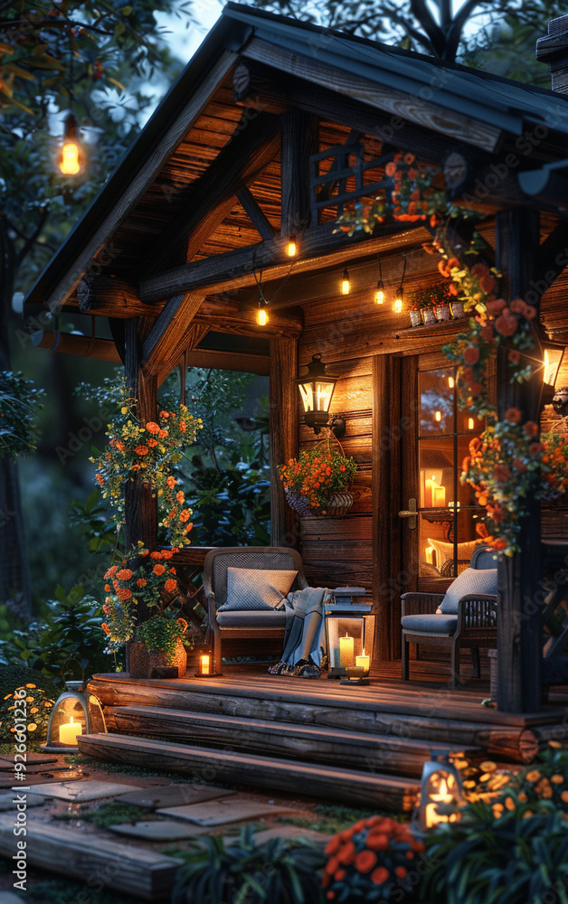 A cozy cabin with a porch lit up with candles and lanterns. The porch has a bench and a chair, and there are potted plants and flowers on the steps. The atmosphere is warm and inviting A cozy cabin with a porch lit up with candles and lanterns. The porch has a bench and a chair, and there are potted plants and flowers on the steps. The atmosphere is warm and inviting