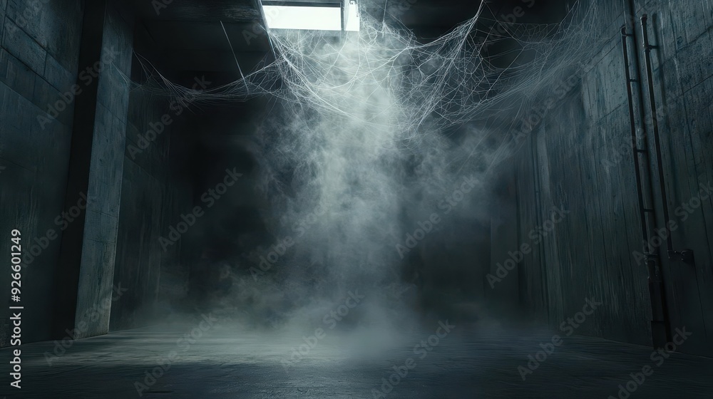 Dark empty space with concrete walls, smoke swirling, cobwebs clinging to corners, Halloween theme, atmospheric Dark empty space with concrete walls, smoke swirling, cobwebs clinging to corners, Halloween theme, atmospheric