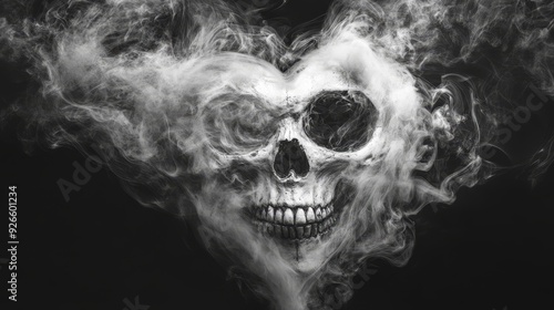 A human skull emerges from a cloud of smoke, forming a heart shape. The image represents the fragility of life, mortality, and the enduring power of love.
