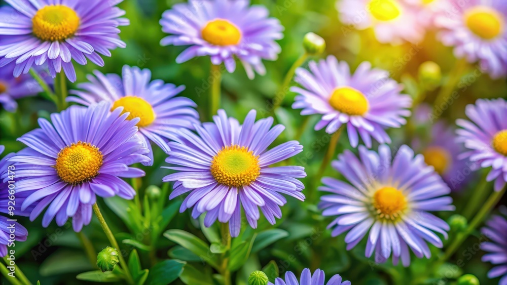 Tiny purple daisy flowers with yellow centers on a background of lush green leaves in a sunny summer garden , Daisy, flowers Tiny purple daisy flowers with yellow centers on a background of lush green leaves in a sunny summer garden , Daisy, flowers