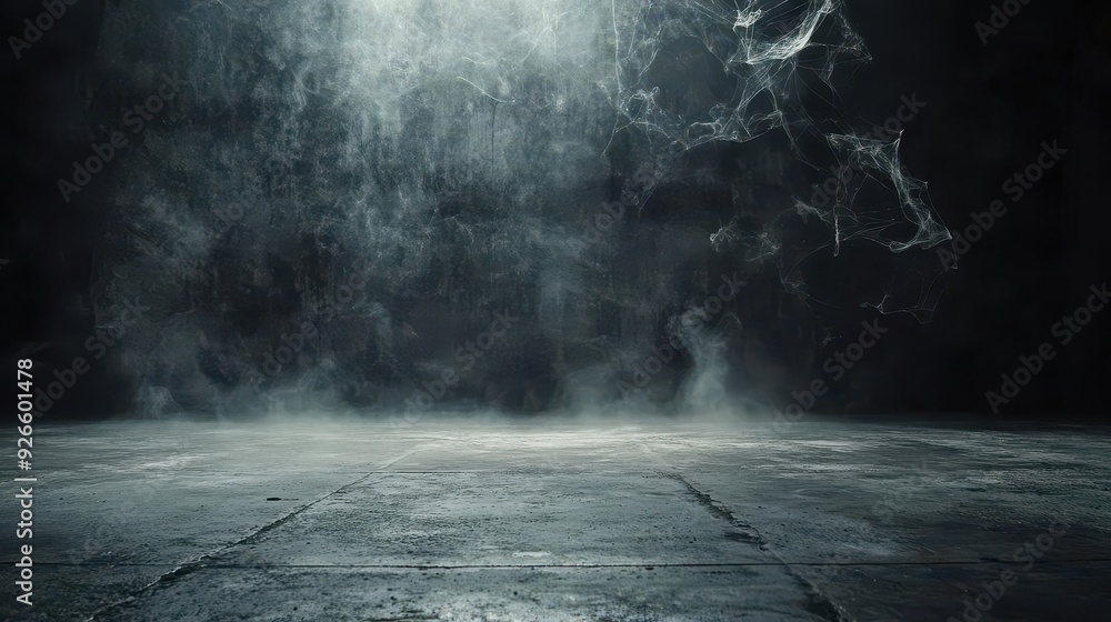 Empty concrete room with dark smoky background, faint cobwebs, eerie Halloween setting, soft lighting Empty concrete room with dark smoky background, faint cobwebs, eerie Halloween setting, soft lighting