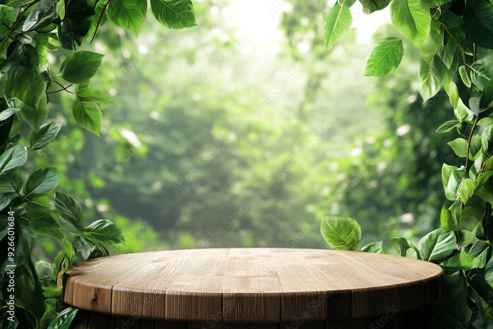 Wooden Tabletop In Green Forest. Wooden Tabletop In Green Forest.