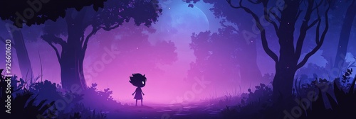 A lone girl stands in a magical forest, bathed in a purple twilight glow. The moon hangs large in the sky, casting long shadows.  The forest is full of mystery and wonder, inviting the viewer to explo photo