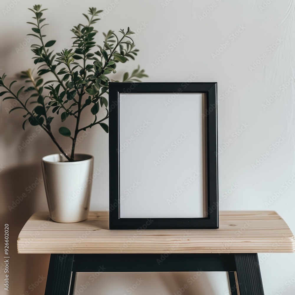 A blank picture frame beside a potted plant on a wooden stool against a white wall. A blank picture frame beside a potted plant on a wooden stool against a white wall.