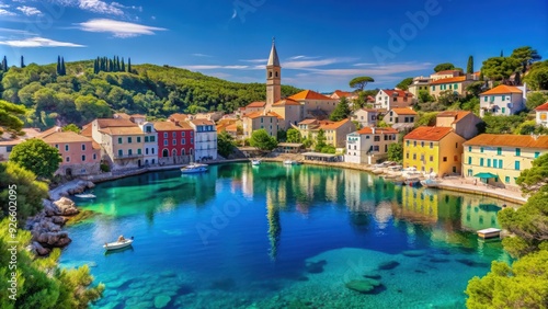 Scenic view of the blue lagoon village Veli Losinj on sunny day, Veli Losinj, blue lagoon, village