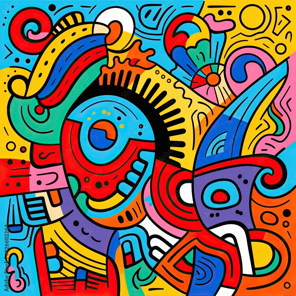 Obraz premium A vibrant abstract composition featuring colorful shapes and patterns.